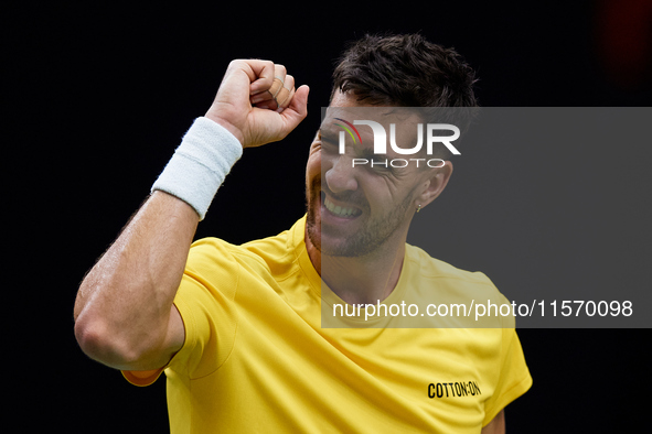 Thanasi Kokkinakis of Australia celebrates a point during the game against Jakub Mensik of Czechia during the 2024 Davis Cup Group B Stage m...