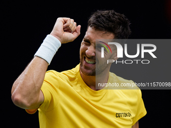 Thanasi Kokkinakis of Australia celebrates a point during the game against Jakub Mensik of Czechia during the 2024 Davis Cup Group B Stage m...