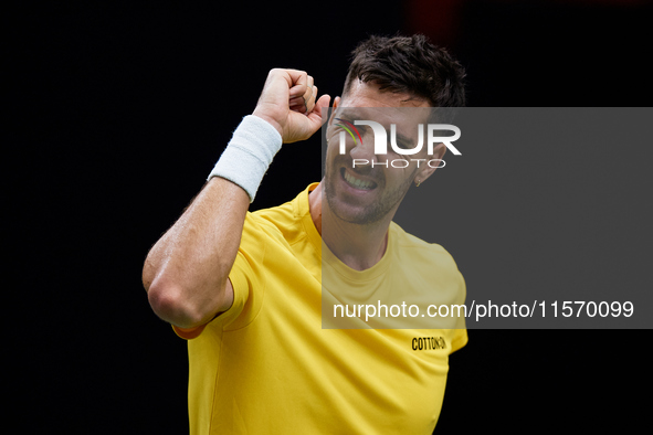 Thanasi Kokkinakis of Australia celebrates a point during the game against Jakub Mensik of Czechia during the 2024 Davis Cup Group B Stage m...