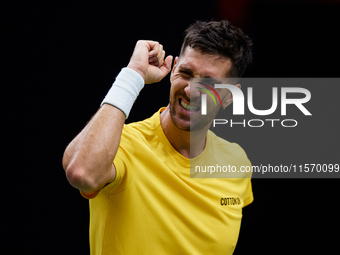 Thanasi Kokkinakis of Australia celebrates a point during the game against Jakub Mensik of Czechia during the 2024 Davis Cup Group B Stage m...