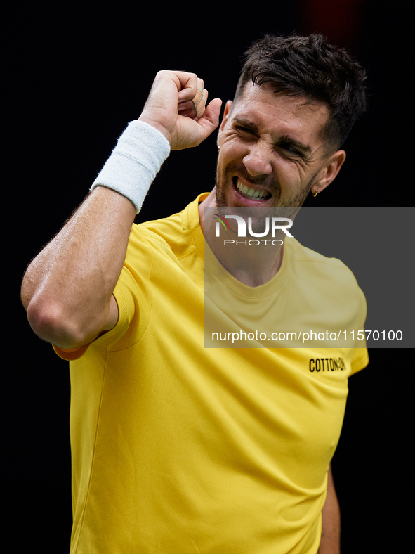 Thanasi Kokkinakis of Australia celebrates a point during the game against Jakub Mensik of Czechia during the 2024 Davis Cup Group B Stage m...