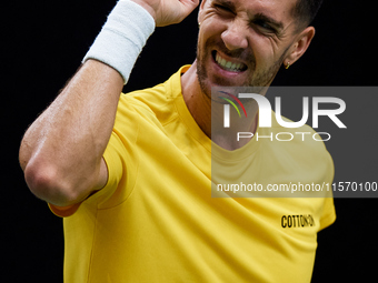 Thanasi Kokkinakis of Australia celebrates a point during the game against Jakub Mensik of Czechia during the 2024 Davis Cup Group B Stage m...