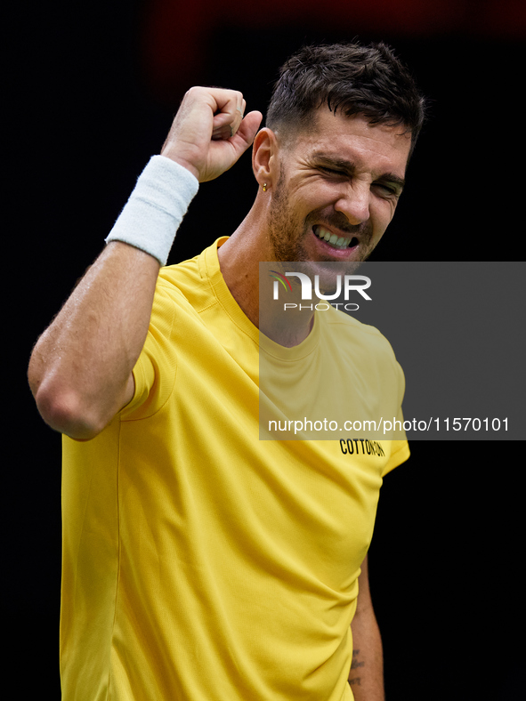 Thanasi Kokkinakis of Australia celebrates a point during the game against Jakub Mensik of Czechia during the 2024 Davis Cup Group B Stage m...