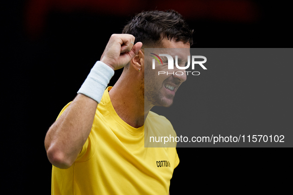 Thanasi Kokkinakis of Australia celebrates a point during the game against Jakub Mensik of Czechia during the 2024 Davis Cup Group B Stage m...