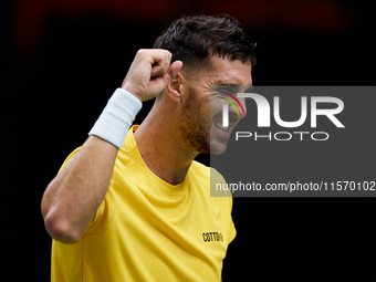 Thanasi Kokkinakis of Australia celebrates a point during the game against Jakub Mensik of Czechia during the 2024 Davis Cup Group B Stage m...