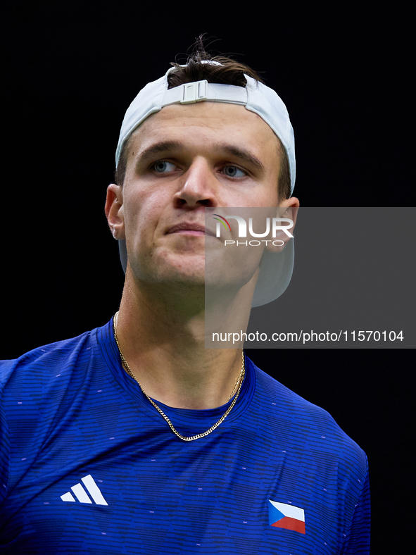 Jakub Mensik of Czechia looks on during the game against Thanasi Kokkinakis of Australia during the 2024 Davis Cup Group B Stage match betwe...