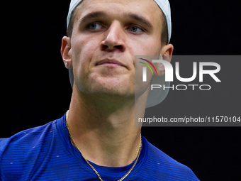 Jakub Mensik of Czechia looks on during the game against Thanasi Kokkinakis of Australia during the 2024 Davis Cup Group B Stage match betwe...