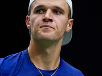 Jakub Mensik of Czechia looks on during the game against Thanasi Kokkinakis of Australia during the 2024 Davis Cup Group B Stage match betwe...