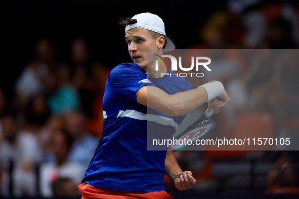 Jakub Mensik of Czechia plays against Thanasi Kokkinakis of Australia during the 2024 Davis Cup Group B Stage match between Australia and Cz...