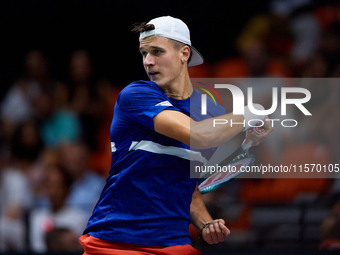 Jakub Mensik of Czechia plays against Thanasi Kokkinakis of Australia during the 2024 Davis Cup Group B Stage match between Australia and Cz...