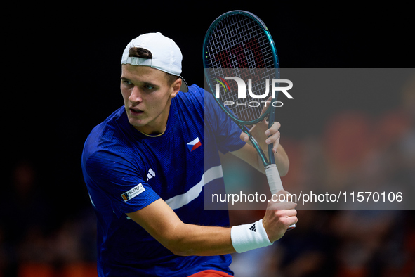 Jakub Mensik of Czechia plays against Thanasi Kokkinakis of Australia during the 2024 Davis Cup Group B Stage match between Australia and Cz...