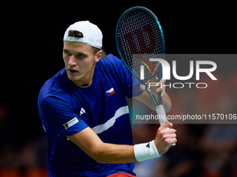 Jakub Mensik of Czechia plays against Thanasi Kokkinakis of Australia during the 2024 Davis Cup Group B Stage match between Australia and Cz...