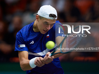 Jakub Mensik of Czechia plays against Thanasi Kokkinakis of Australia during the 2024 Davis Cup Group B Stage match between Australia and Cz...