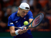 Jakub Mensik of Czechia plays against Thanasi Kokkinakis of Australia during the 2024 Davis Cup Group B Stage match between Australia and Cz...