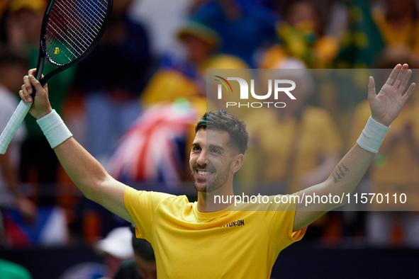 Thanasi Kokkinakis of Australia celebrates the victory following the game against Jakub Mensik of Czechia during the 2024 Davis Cup Group B...