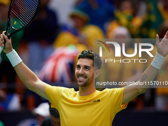 Thanasi Kokkinakis of Australia celebrates the victory following the game against Jakub Mensik of Czechia during the 2024 Davis Cup Group B...