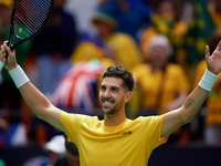 Thanasi Kokkinakis of Australia celebrates the victory following the game against Jakub Mensik of Czechia during the 2024 Davis Cup Group B...