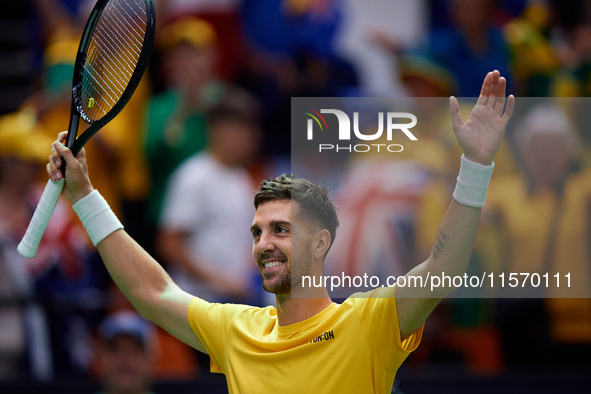 Thanasi Kokkinakis of Australia celebrates the victory following the game against Jakub Mensik of Czechia during the 2024 Davis Cup Group B...