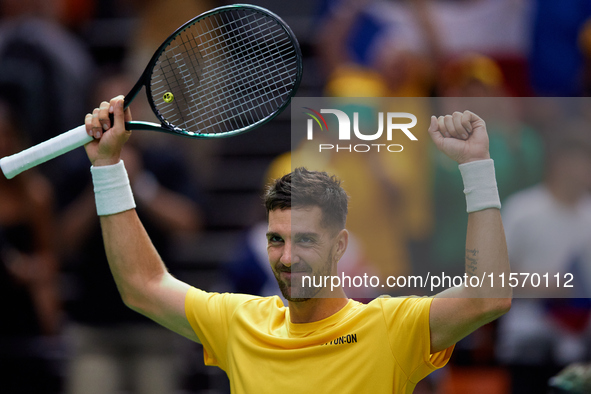 Thanasi Kokkinakis of Australia celebrates the victory following the game against Jakub Mensik of Czechia during the 2024 Davis Cup Group B...