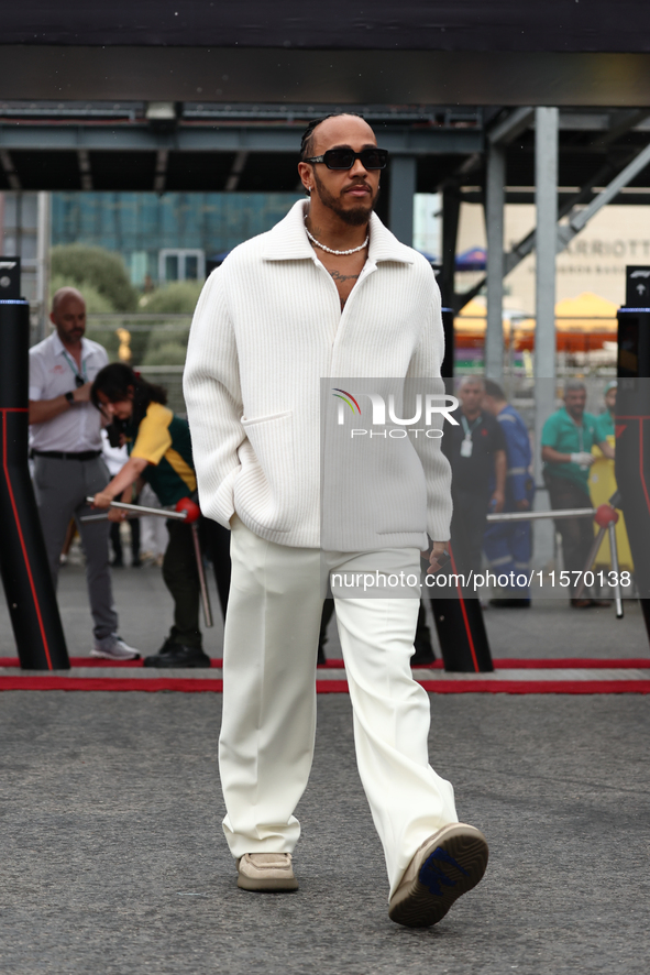 Lewis Hamilton of Mercedes before first practice ahead of the Formula 1 Grand Prix of Azerbaijan at Baku City Circuit in Baku, Azerbaijan on...