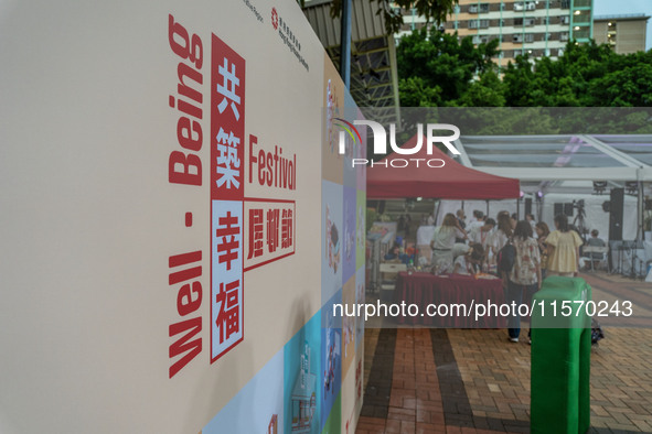 A backdrop for the Well Being Estate Festival at a public housing estate in Hong Kong on September 13, 2024. 