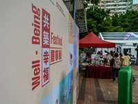 A backdrop for the Well Being Estate Festival at a public housing estate in Hong Kong on September 13, 2024. (