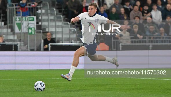 Liam Delap (9 England) goes forward during the International Friendly match between England Under 21s and Austria Under 21s at Kenilworth Ro...