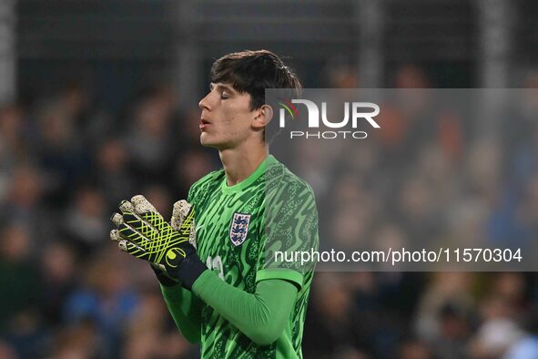 Goalkeeper James Beadle (13 | England) has his eyes closed during the International Friendly match between England Under 21s and Austria Und...