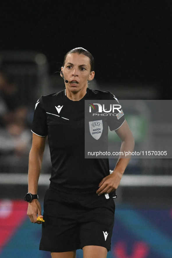 Referee Stephanie Frappart looks on during the International Friendly match between England Under 21s and Austria Under 21s at Kenilworth Ro...