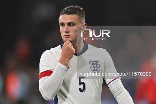 Taylor Harwood-Bellis (5 England) holds his chin during the International Friendly match between England Under 21s and Austria Under 21s at...