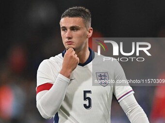 Taylor Harwood-Bellis (5 England) holds his chin during the International Friendly match between England Under 21s and Austria Under 21s at...