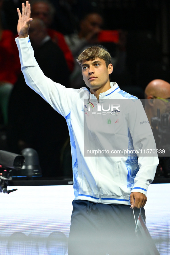 Flavio Cobolli (ITA) during the 2024 Davis Cup Finals Group Stage match between Italy and Belgium at Unipol Arena in Bologna, Italy, on Sept...