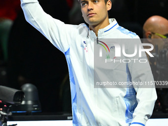 Flavio Cobolli (ITA) during the 2024 Davis Cup Finals Group Stage match between Italy and Belgium at Unipol Arena in Bologna, Italy, on Sept...