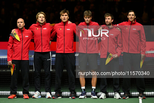 Belgium team in action during the 2024 Davis Cup Finals Group Stage match between Italy and Belgium at Unipol Arena in Bologna, Italy, on Se...