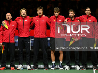 Belgium team in action during the 2024 Davis Cup Finals Group Stage match between Italy and Belgium at Unipol Arena in Bologna, Italy, on Se...