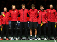 Belgium team in action during the 2024 Davis Cup Finals Group Stage match between Italy and Belgium at Unipol Arena in Bologna, Italy, on Se...