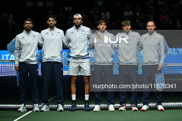 The Italian team during the 2024 Davis Cup Finals Group Stage match between Italy and Belgium at Unipol Arena in Bologna, Italy, on Septembe...