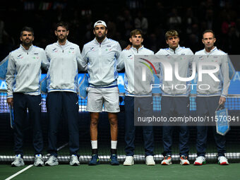 The Italian team during the 2024 Davis Cup Finals Group Stage match between Italy and Belgium at Unipol Arena in Bologna, Italy, on Septembe...