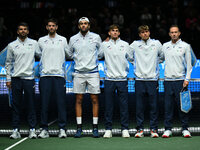 The Italian team during the 2024 Davis Cup Finals Group Stage match between Italy and Belgium at Unipol Arena in Bologna, Italy, on Septembe...