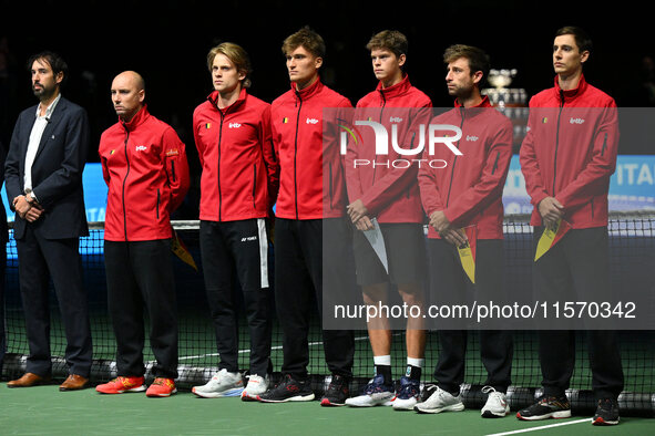 Belgium team in action during the 2024 Davis Cup Finals Group Stage match between Italy and Belgium at Unipol Arena in Bologna, Italy, on Se...