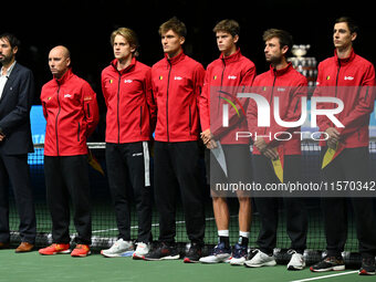 Belgium team in action during the 2024 Davis Cup Finals Group Stage match between Italy and Belgium at Unipol Arena in Bologna, Italy, on Se...