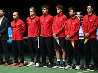 Belgium team in action during the 2024 Davis Cup Finals Group Stage match between Italy and Belgium at Unipol Arena in Bologna, Italy, on Se...