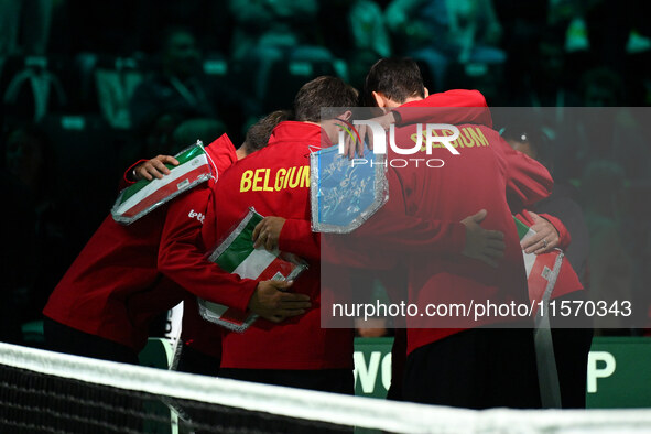 Belgium team in action during the 2024 Davis Cup Finals Group Stage match between Italy and Belgium at Unipol Arena in Bologna, Italy, on Se...