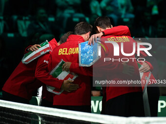 Belgium team in action during the 2024 Davis Cup Finals Group Stage match between Italy and Belgium at Unipol Arena in Bologna, Italy, on Se...