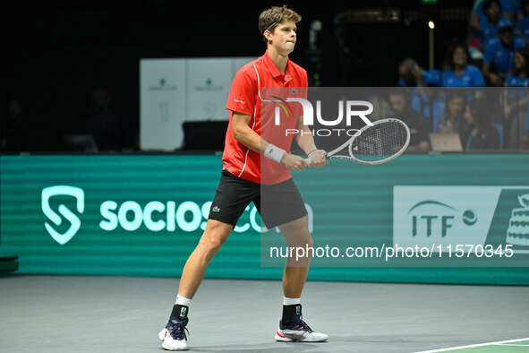 Alexander Blockx (BEL) competes during the 2024 Davis Cup Finals Group Stage Bologna match between Italy and Belgium at Unipol Arena on Sept...