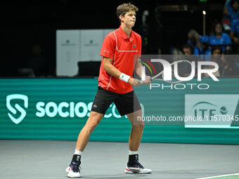 Alexander Blockx (BEL) competes during the 2024 Davis Cup Finals Group Stage Bologna match between Italy and Belgium at Unipol Arena on Sept...