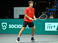 Alexander Blockx (BEL) competes during the 2024 Davis Cup Finals Group Stage Bologna match between Italy and Belgium at Unipol Arena on Sept...