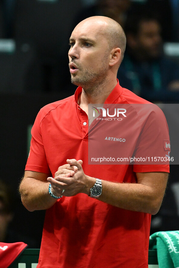 In action during the 2024 Davis Cup Finals Group Stage match between Italy and Belgium at Unipol Arena in Bologna, Italy, on September 13, 2...