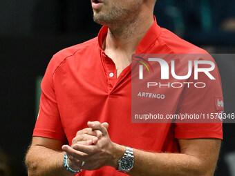 In action during the 2024 Davis Cup Finals Group Stage match between Italy and Belgium at Unipol Arena in Bologna, Italy, on September 13, 2...