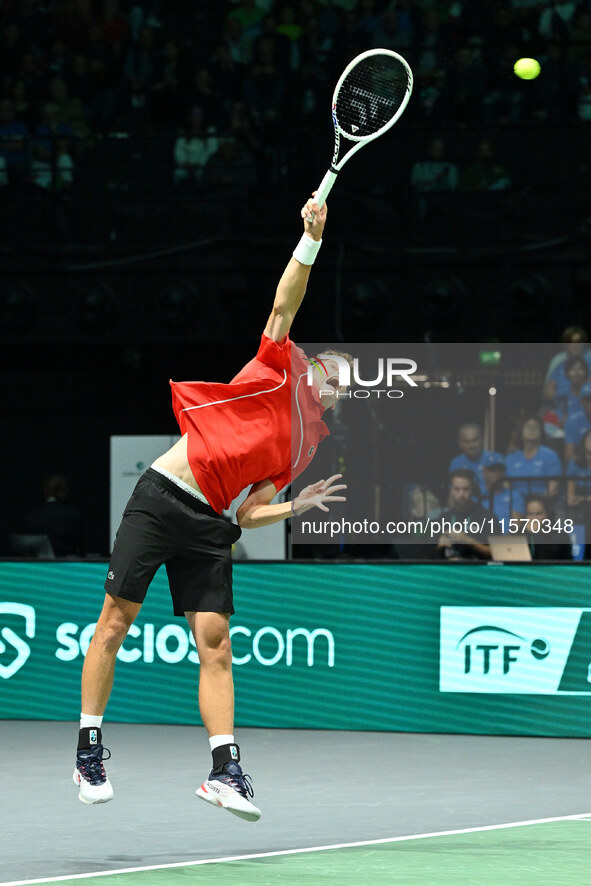 Alexander Blockx (BEL) competes during the 2024 Davis Cup Finals Group Stage Bologna match between Italy and Belgium at Unipol Arena on Sept...